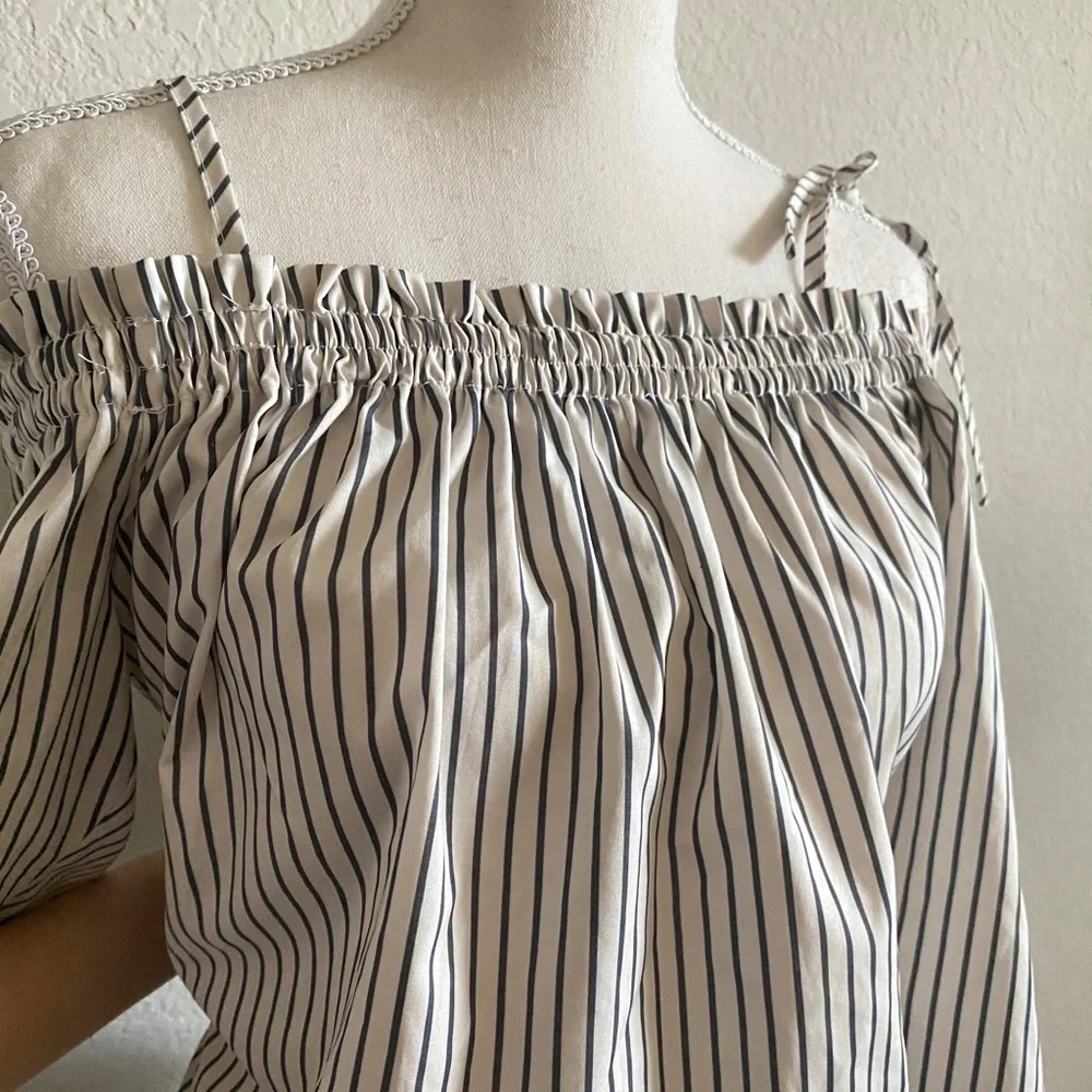 Francesca Blue Rain pinstripe off shoulder shirt - Picture 9 of 9